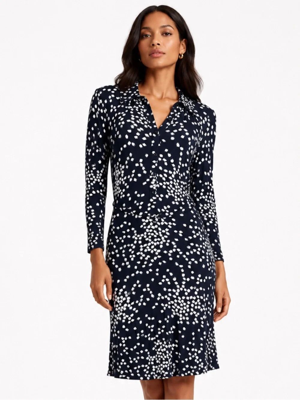HOBBS London Navy and White Dot Print Long-Sleeve Dress Size 2